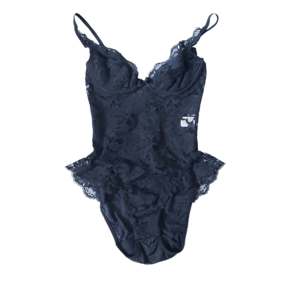 Vtg 80' Victoria's Secret Gold Label Black Lace Bodysuit 34B